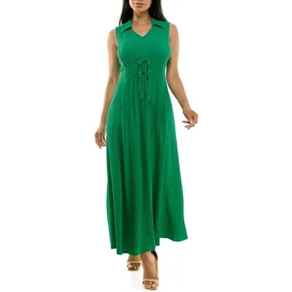 Green Maxi Dress Size 1X XL Nina Leonard Collared V-Neck Wedding Guest Summer - Picture 1 of 9
